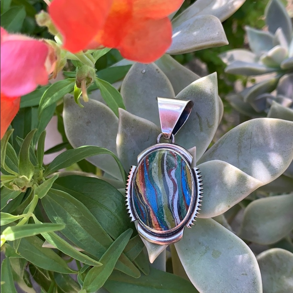 Navajo Sterling Silver Rainbow Calsilica Pendant